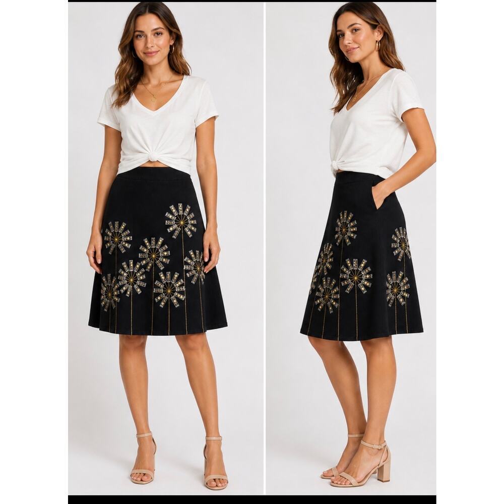 Boden Embellished Floral A Line Skirt Sequin AppliquΓ© Black Lined Pristine - 2